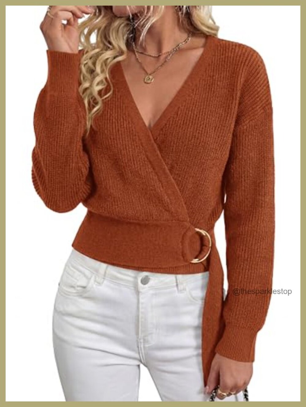 Women's Long Sleeve Wrap V Neck Belted Knit Sweater Pullover